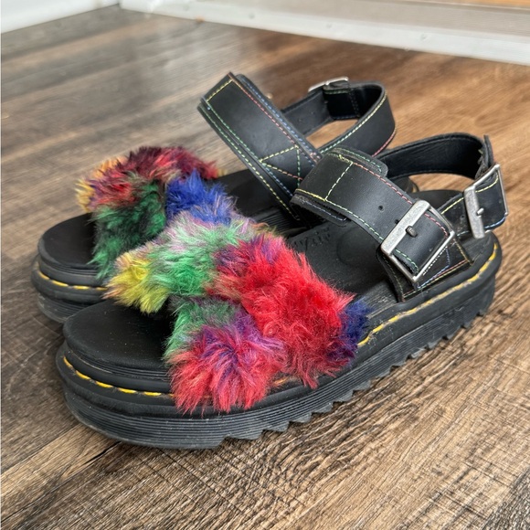 Dr. Martens Shoes - Womens Dr. Martens Voss II Black Fluffy Rainbow Strappy Sandals Size 6
